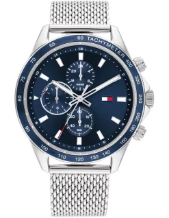 New 👍 Tommy Hilfiger Silver Steel Mesh Dial Multi-Function ⌚ Watch In Blue 🎁
