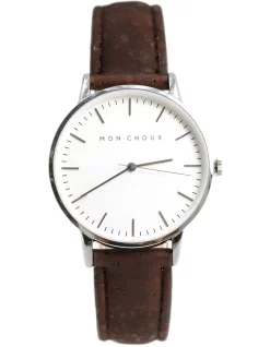Cheap 🎉 Mon Choux Classic Brown Cork Vegan Leather ⌚ Watch 38mm In Silver 🛒