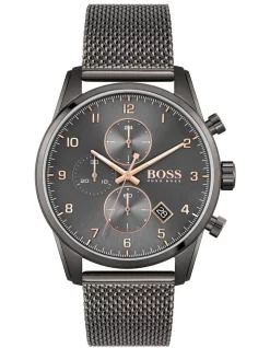 Discount 👏 HUGO BOSS Skymaster 44mm Chrono Grey Mesh ⌚ Watch 1513837 ✔️