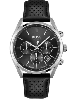 Cheapest 🌟 HUGO BOSS Quartz Black Leather Chrono ⌚ Watch 😍