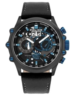 Cheap 👍 Police Luang 48mm Blue Metal Black Leather Strap ⌚ Watch PL.16018JSU/02 😀