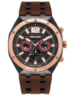 Discount 🔥 Police Kediri 46mm Rose Gold Metal Dark Brown Silicon Strap ⌚ Watch PL.15995JSBR/61P 🛒