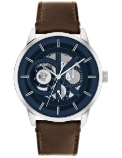 Cheap 🔔 Calvin Klein Modern Skeleton Men's Qtz Multifunction ⌚ Watch 25200216 In Brown Leather ⭐