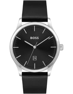 New 🤩 Hugo Boss Reason Black Leather Qtz ⌚ Watch 1513981 😀