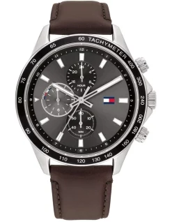 Best Sale 🎁 Tommy Hilfiger Miles Leather Qtz Multifunction 1792015 ⌚ Watch In Brown 🎁