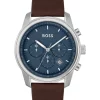 Outlet 🤩 Hugo Boss Trace Blue Dial Brown Leather Qtz Chrono ⌚ Watch 1514002 👏