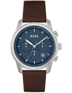 Outlet 🤩 Hugo Boss Trace Blue Dial Brown Leather Qtz Chrono ⌚ Watch 1514002 👏