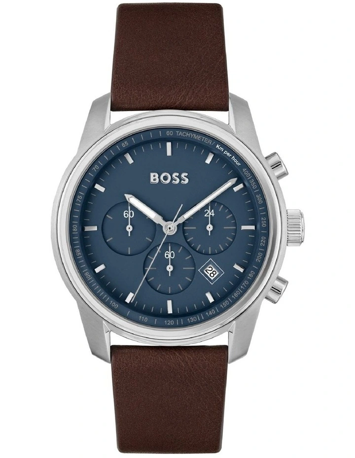Outlet π€© Hugo Boss Trace Blue Dial Brown Leather Qtz Chrono β Watch 1514002 π
