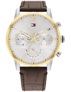 New ✨ Tommy Hilfiger Sullivan Brown Leather Men's Silver Chronograph ⌚ Watch 😍