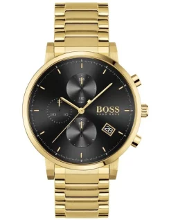 Budget 🎁 HUGO BOSS Chrono 43mm Gold Steel Black ⌚ Watch 1513781 ✨