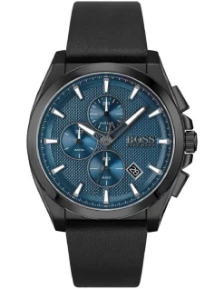 Best Sale 😀 HUGO BOSS Grandmaster 46mm Black Leather Strap ⌚ Watch 1513883 🤩