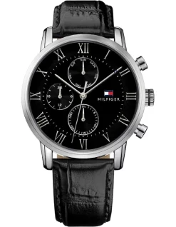 Best deal 🤩 Tommy Hilfiger Multi-function Black Leather Men's ⌚ Watch ⭐