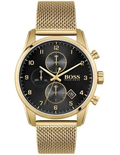 Brand new 😀 HUGO BOSS Skymaster 44mm Gold Mesh Black Chrono ⌚ Watch 1513838 🔔
