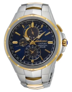 Budget ✨ Seiko Coutura Perpetual Solar Silver/Gold Stainless Steel Two Tone ⌚ Watch 🔥