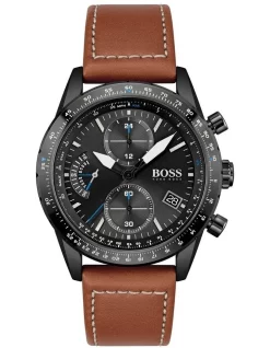 Hot Sale 😉 HUGO BOSS Pilot Edition Chrono 44mm Brown Leather Black ⌚ Watch 1513851 😀