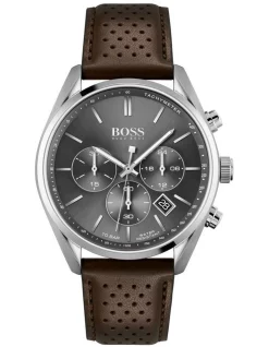 Best Sale 😍 HUGO BOSS Champion 44mm Chrono Grey Brown Leather ⌚ Watch 1513815 ✔️