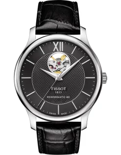 Best Sale ⭐ Tissot Tradition Powermatic 80 Open Heart T0639071605800 Automatic ⌚ Watch In Black 👏