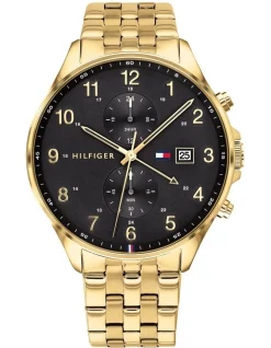 Outlet 👍 Tommy Hilfiger Multi-Function Black Ionic Plated Gold Steel ⌚ Watch 1791708 🧨
