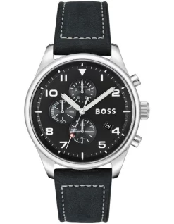 Budget 🎉 Hugo Boss View Black Leather Qtz Chrono ⌚ Watch 1513987 🎉
